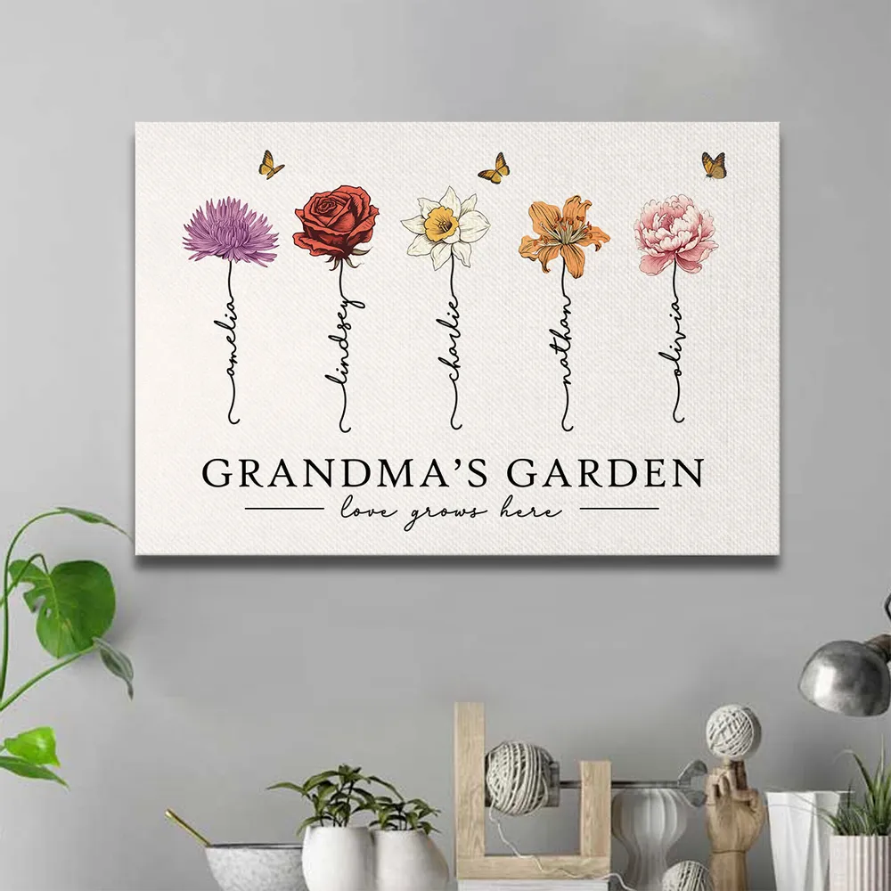 Grandma‘s Garden Love Grows Here Beautiful Birth Month Flower Gift For Grandma Mom Personalized Canvas