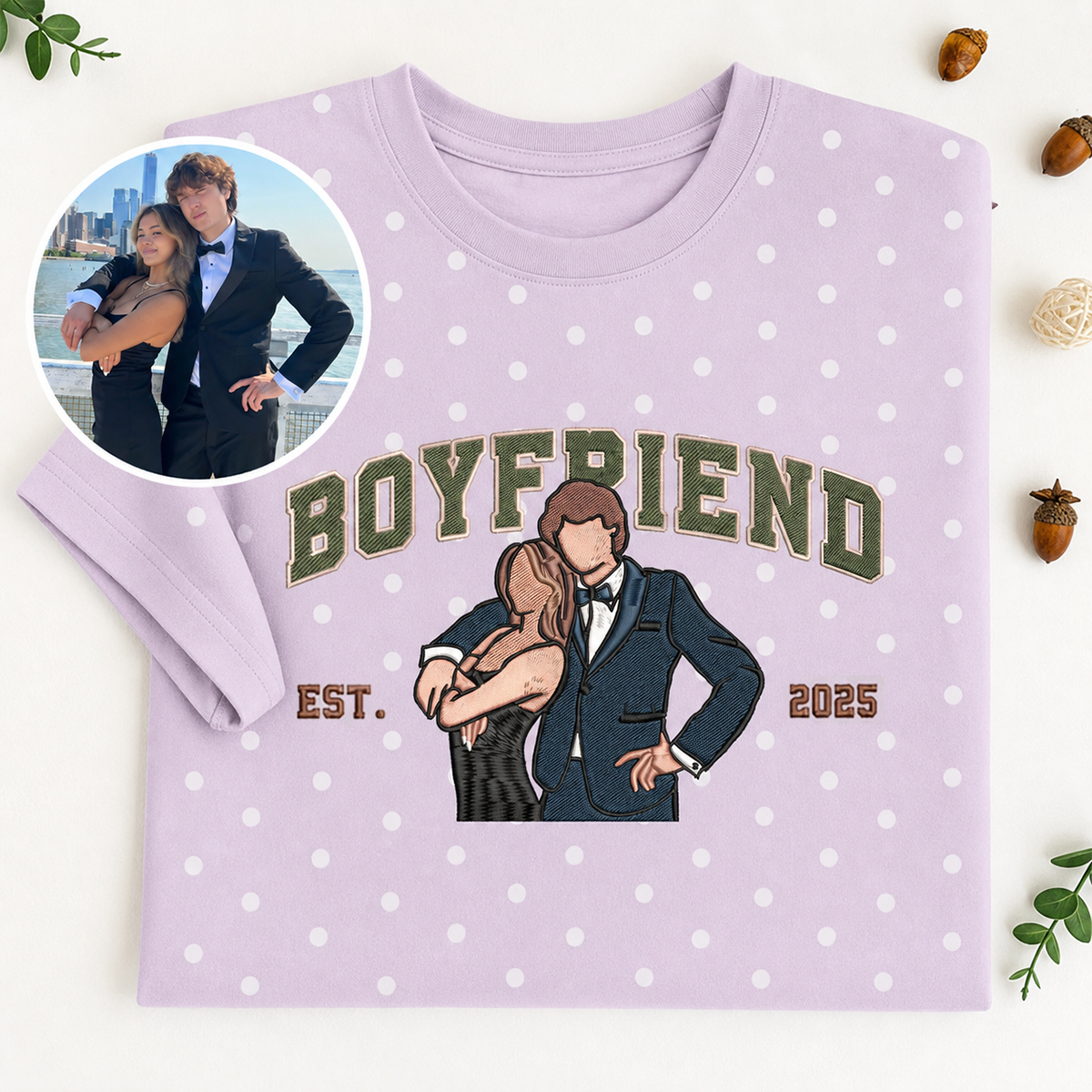 [Copy]Custom Polka Dot Embroidered Portrait Sweatshirt - Personalized Couple Photo Hoodie with Song Lyrics