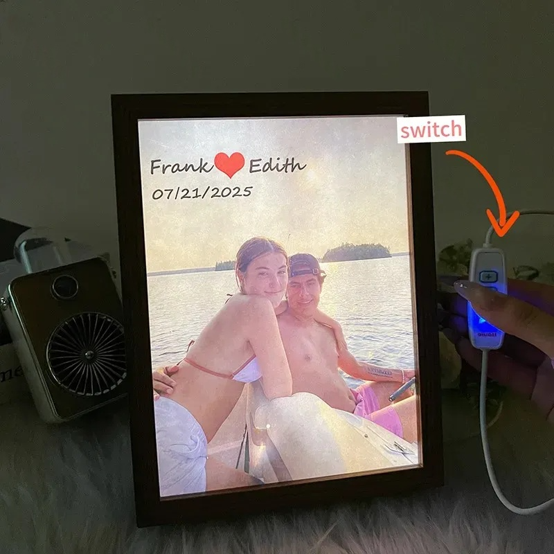 Custom Couple Photo Mirror Light Wooden Box