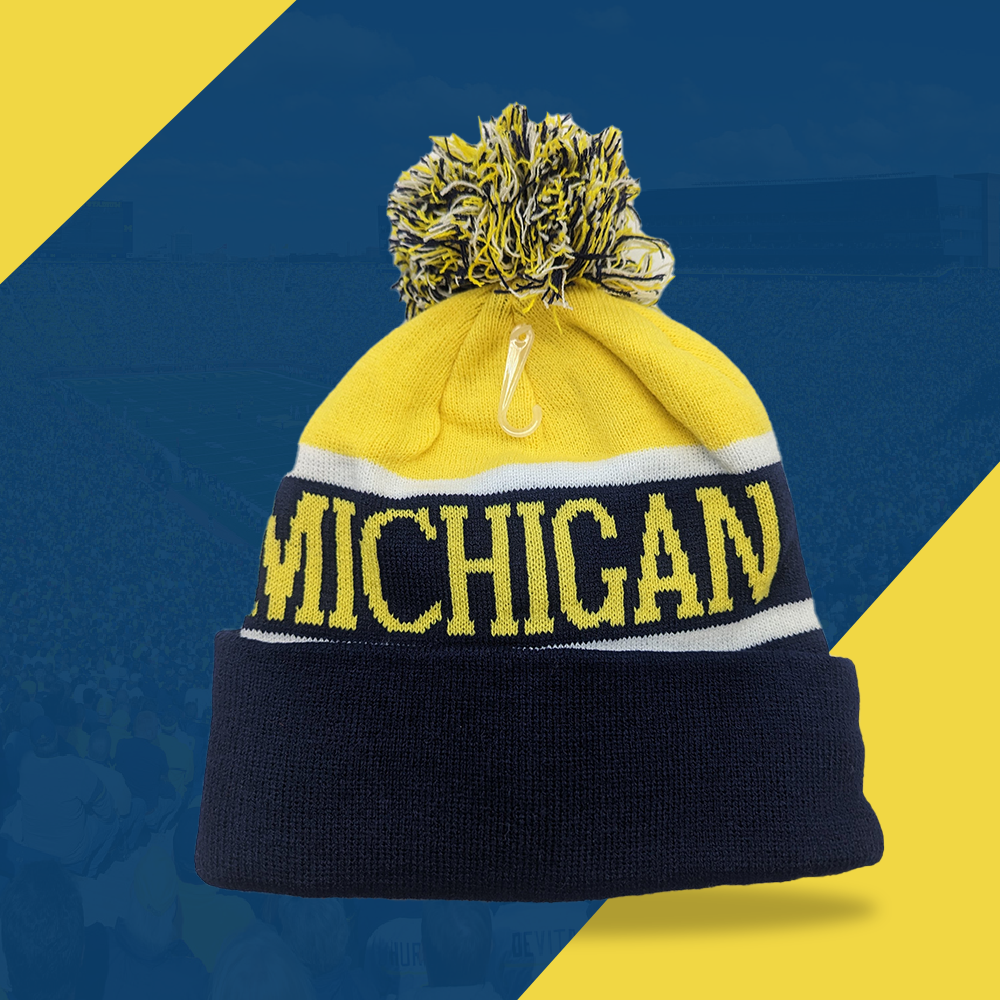 Michigan Winter Beanie Stocking Cap - Pom Pom - Warm, Soft, Knitted - Blue