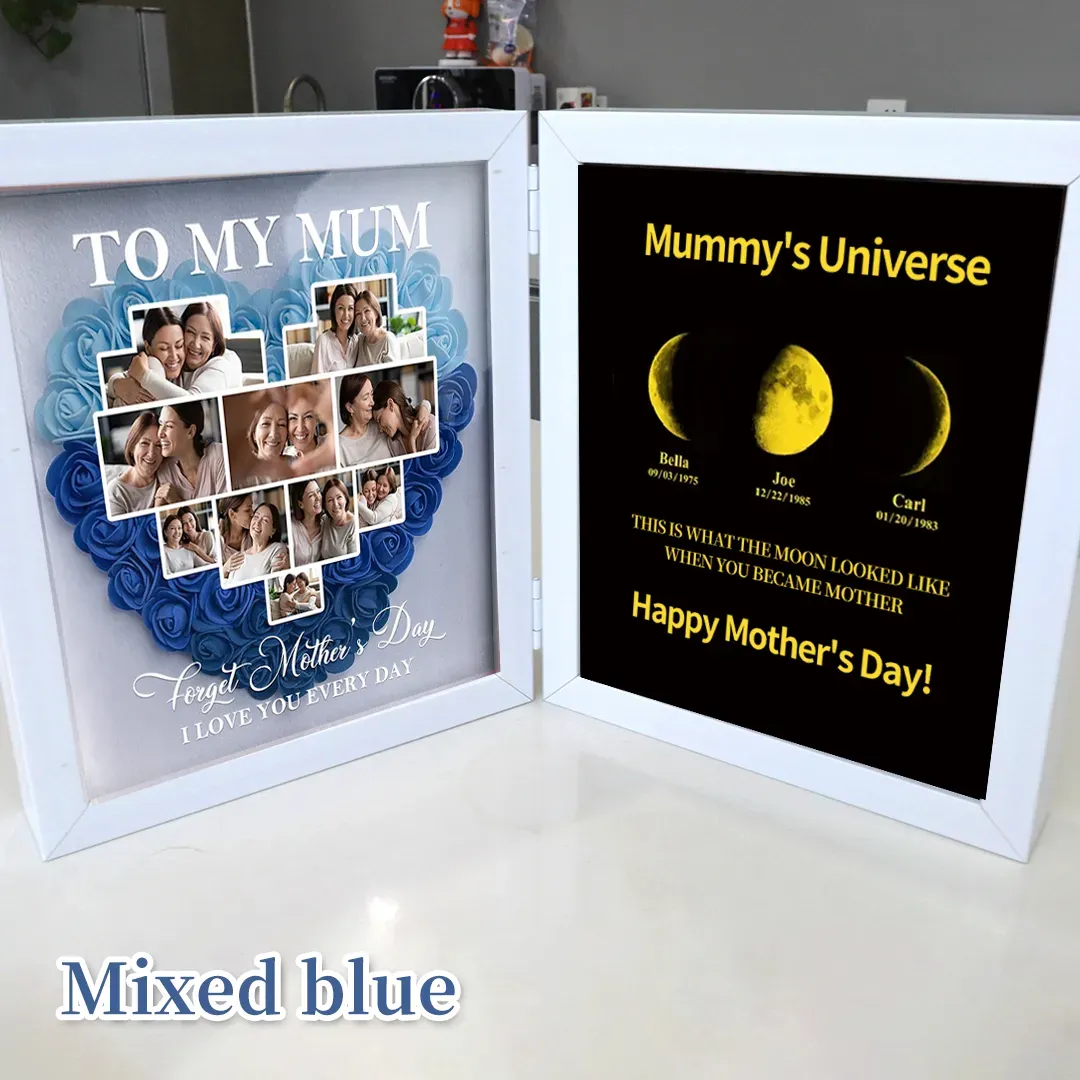 "Forget Mother's Day I Love You Every Day" With REAL MOON PHASE Anniversary Calendar - Mummy's Universe Personalized Flower Shadow Box