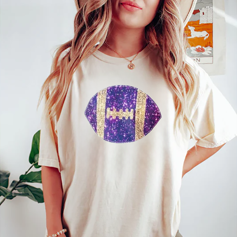 Faux Glitter Flutter Sleeve Purple & Gold Football Tee – Tigers Game Day Shirt for Baton Rouge, LA