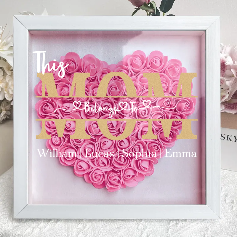 'This MUM/MOM Belongs to' Personalized Flower Shadow Box Custom Name & Text Heart Rose Frame Decorations Mother's Day Gift