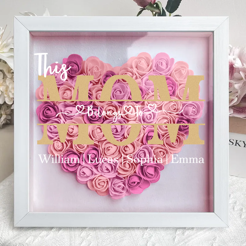 'This MUM/MOM Belongs to' Personalized Flower Shadow Box Custom Name & Text Heart Rose Frame Decorations Mother's Day Gift