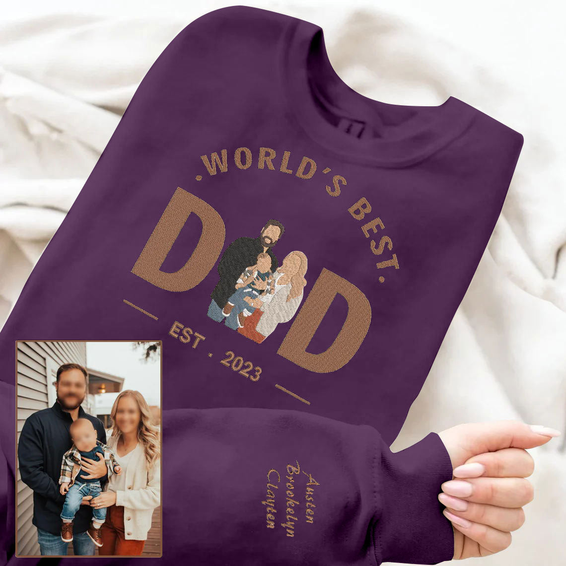 Father's Day World's Best Dad Personalized Embroidered Family Photo Hoodie Sweatshirt T-Shirt