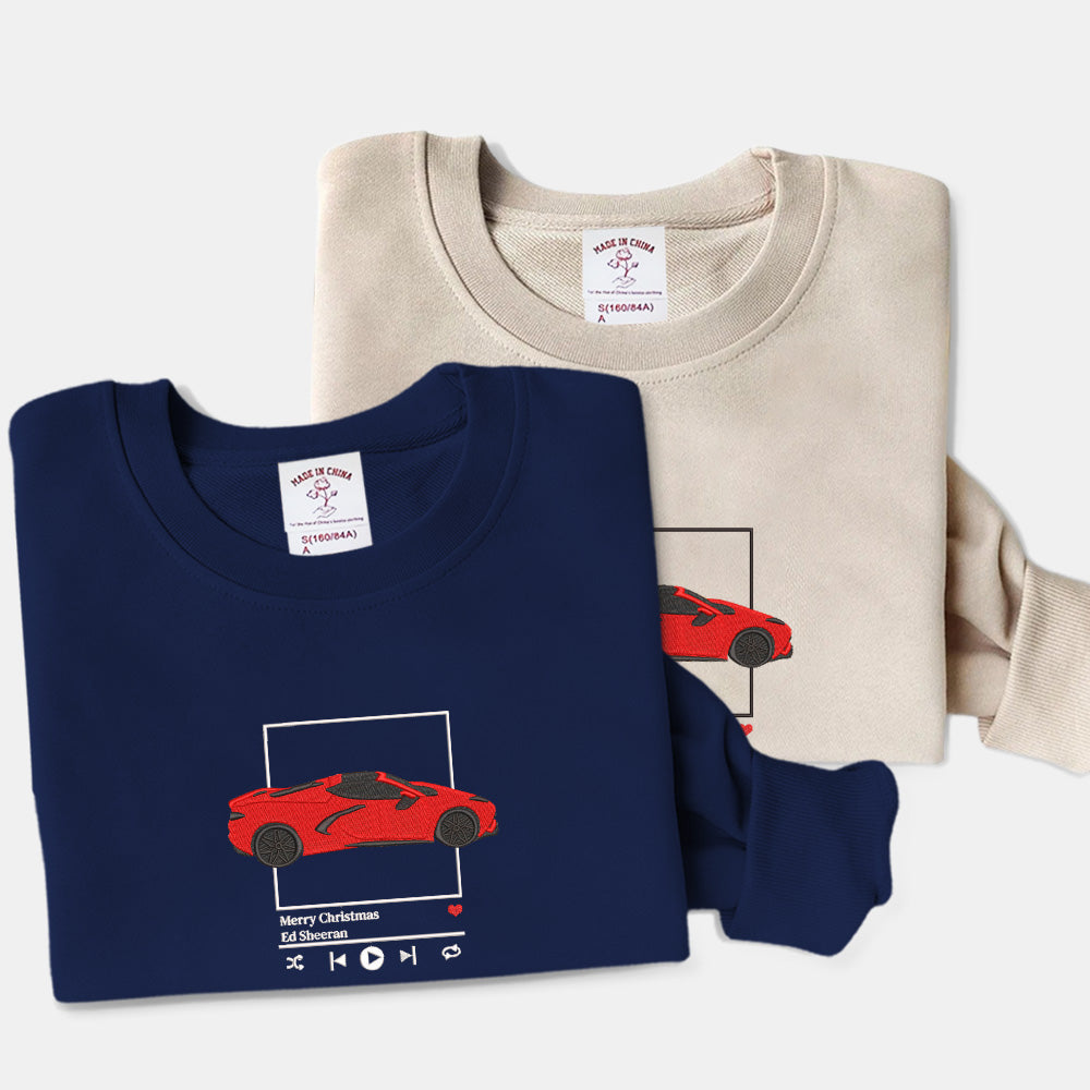 Customized car and music player pattern embroidered sweatshirt