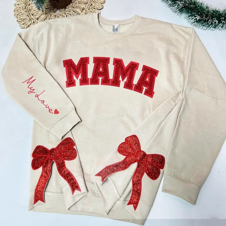 Custom Embroidery Glitter Side Bow Mama Sweatshirt