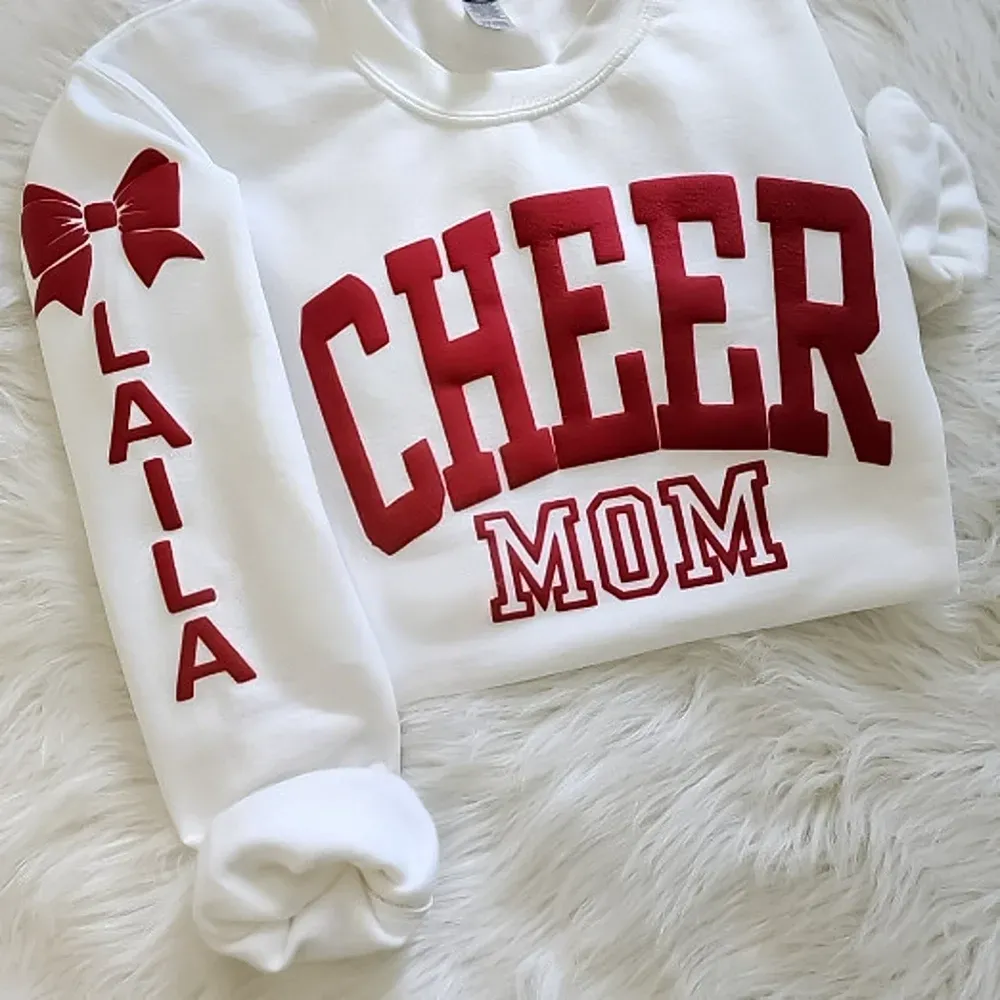 Personalized 3D PUFF Print Cheer Mom sweatshirt with Kids Name on Sleeve