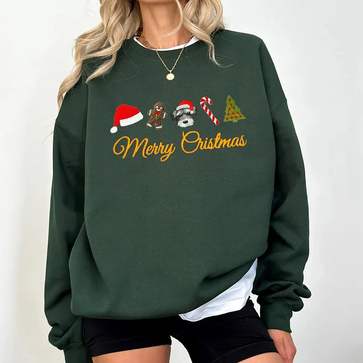Custom Pet Dog Embroidered Christmas Sweatshirt, Merry Christmas Gingerbread Snowman Crewneck