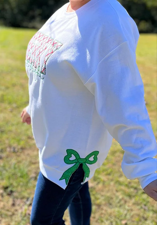MERRY AND BRIGHT, SIDE BOW APPLIQUE EMBROIDERED SWEATSHIRT 