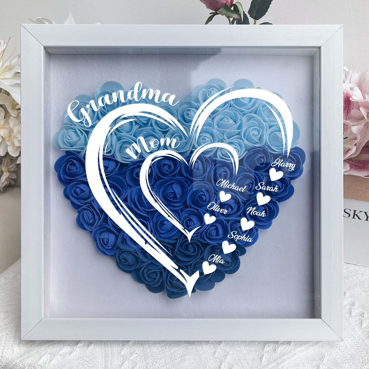 Grandma Hearts Mum Hearts - Personalized Flower Shadow Box