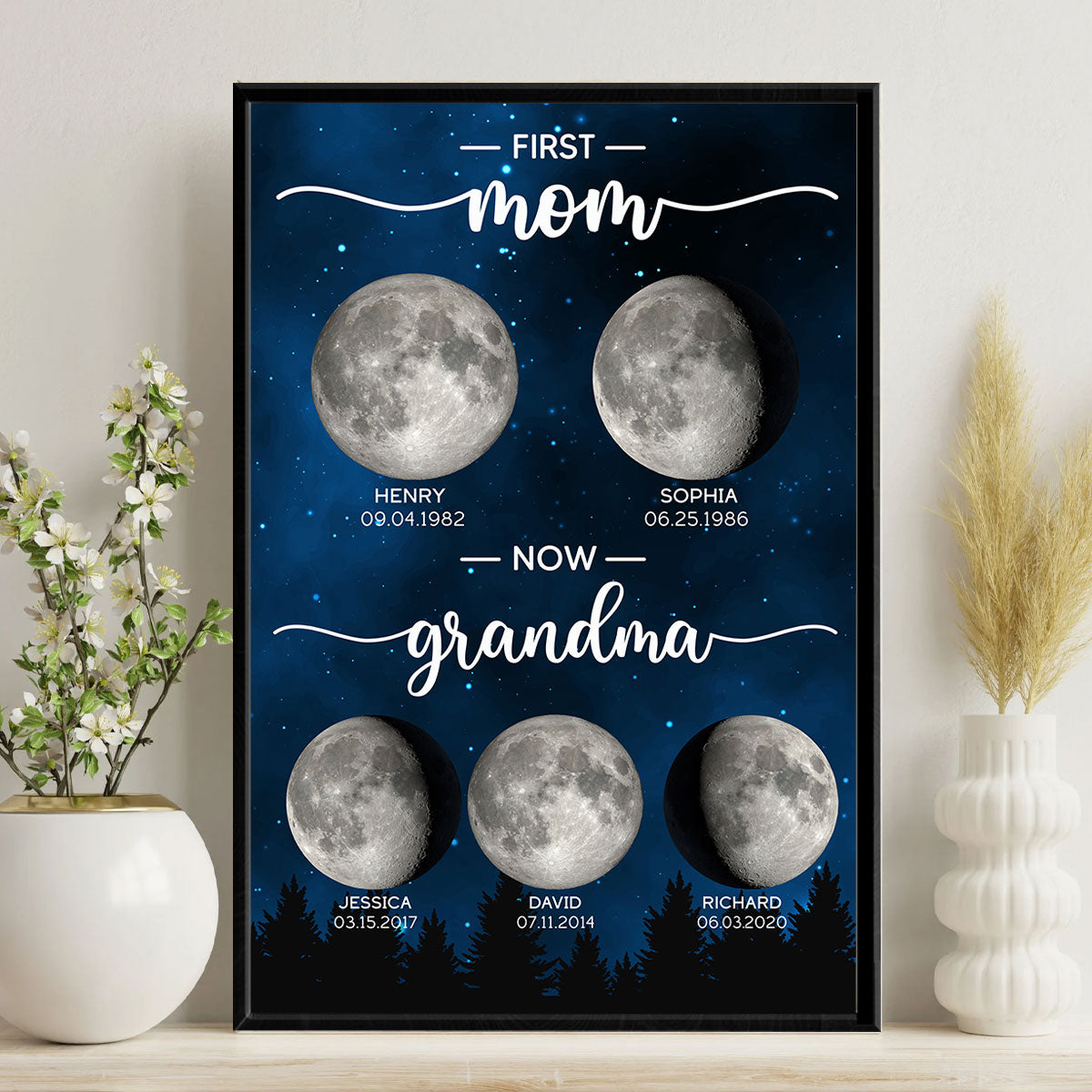 Galaxy Night First Mom Now Grandma Custom Birth Moon Phase Personalized Frame, Mother's Day Gift