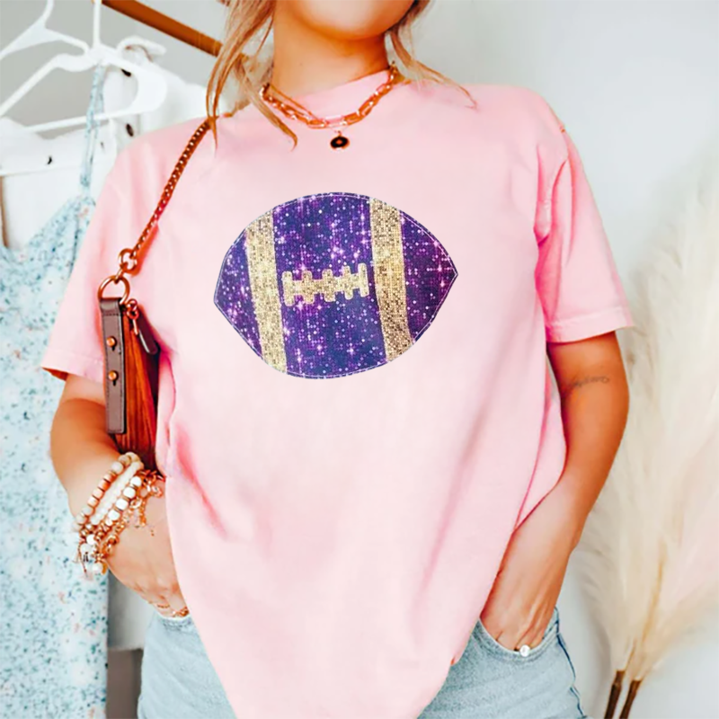 Faux Glitter Flutter Sleeve Purple & Gold Football Tee – Tigers Game Day Shirt for Baton Rouge, LA