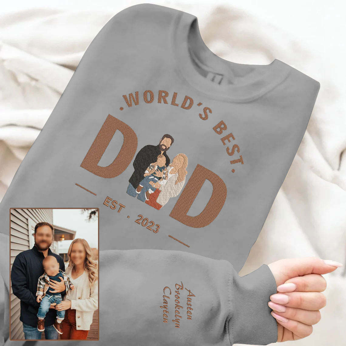 Father's Day World's Best Dad Personalized Embroidered Family Photo Hoodie Sweatshirt T-Shirt