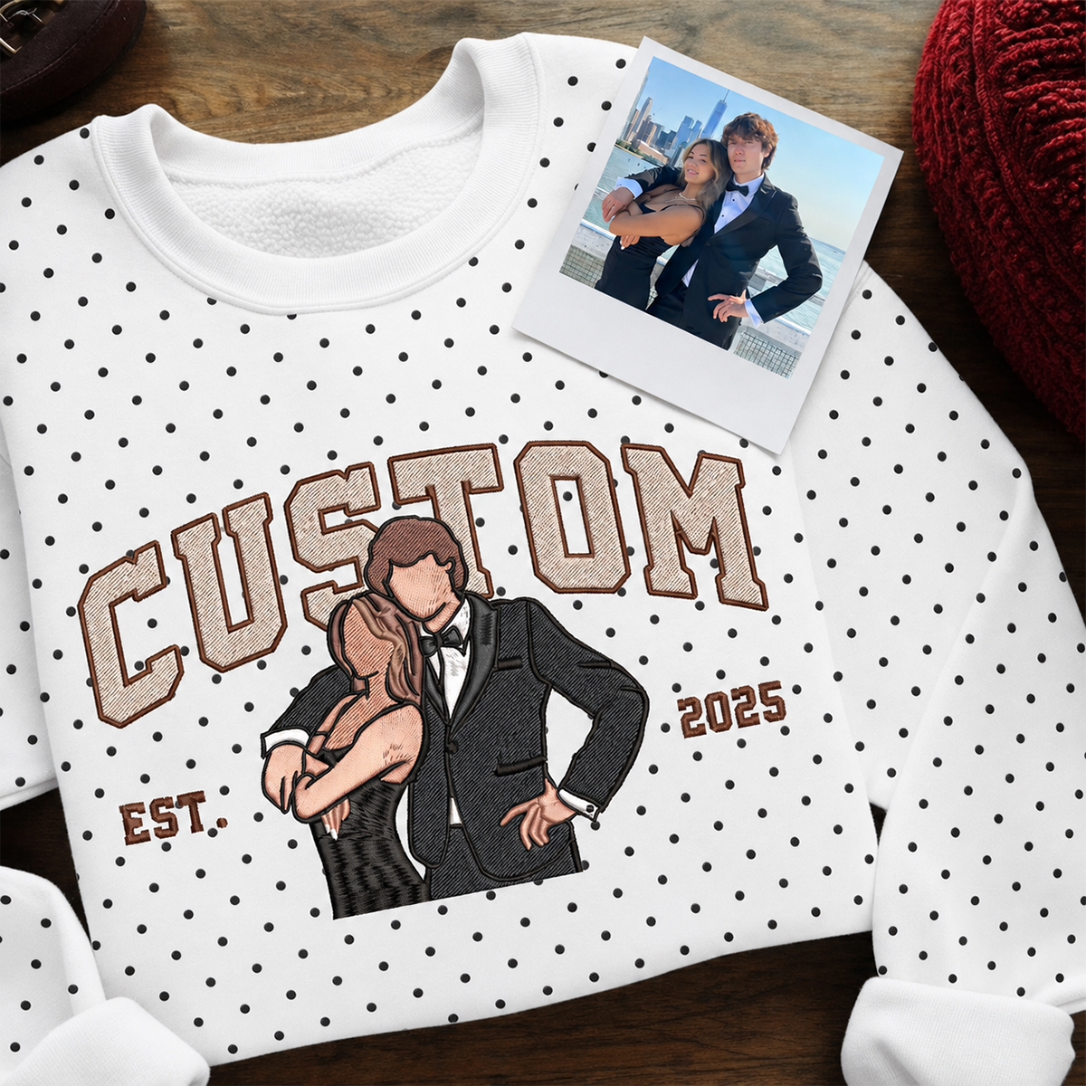 [Copy]Custom Polka Dot Embroidered Portrait Sweatshirt - Personalized Couple Photo Hoodie with Song Lyrics