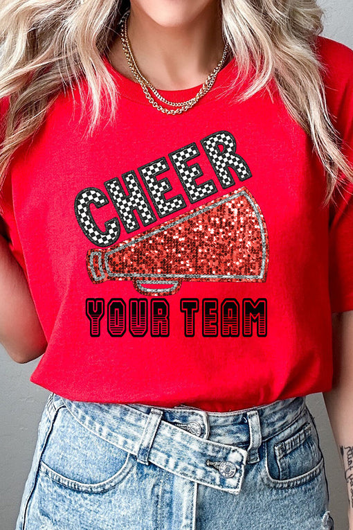 Sequin Red Cheer Your Team Short Sleeve Relaxed Fit T-Shirt