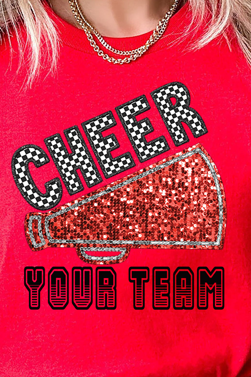 Sequin Red Cheer Your Team Short Sleeve Relaxed Fit T-Shirt