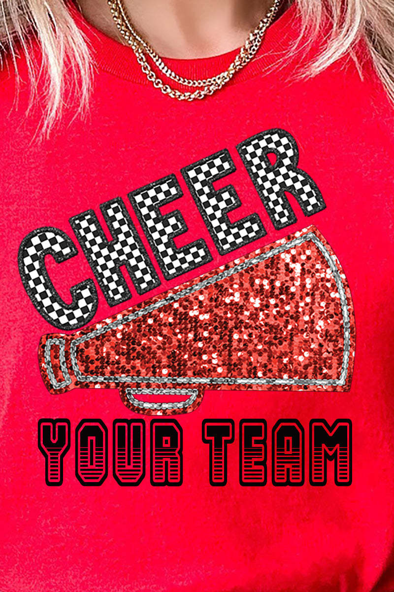 Sequin Red Cheer Your Team Short Sleeve Relaxed Fit T-Shirt