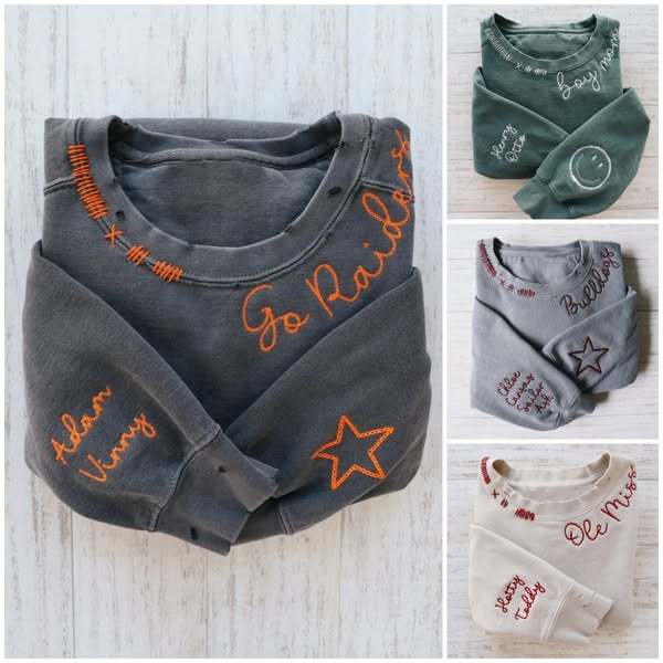 Custom Embroidered Hand Distressed Crew Neck Sweatshirt Colorful embroidery Style