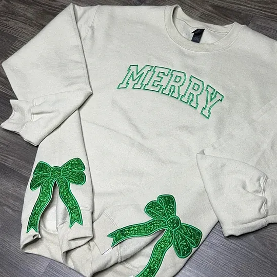 Merry and Bright Embroidered Bow Sweatshirt-Glitter Christmas Sweatshirt