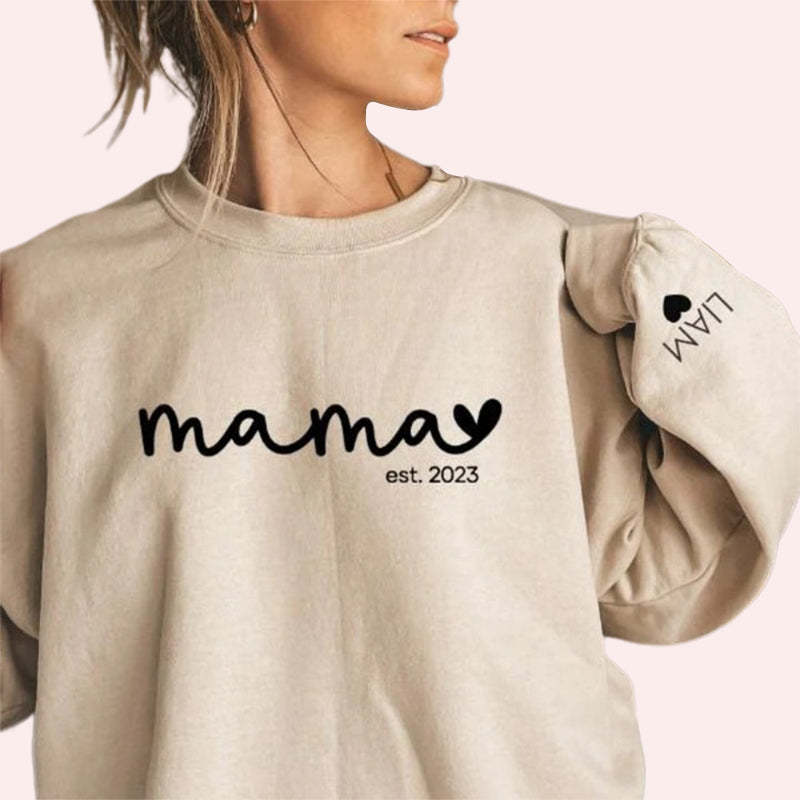 Custom Est Year Mama Sweatshirt with Children's Names on the Sleeve
