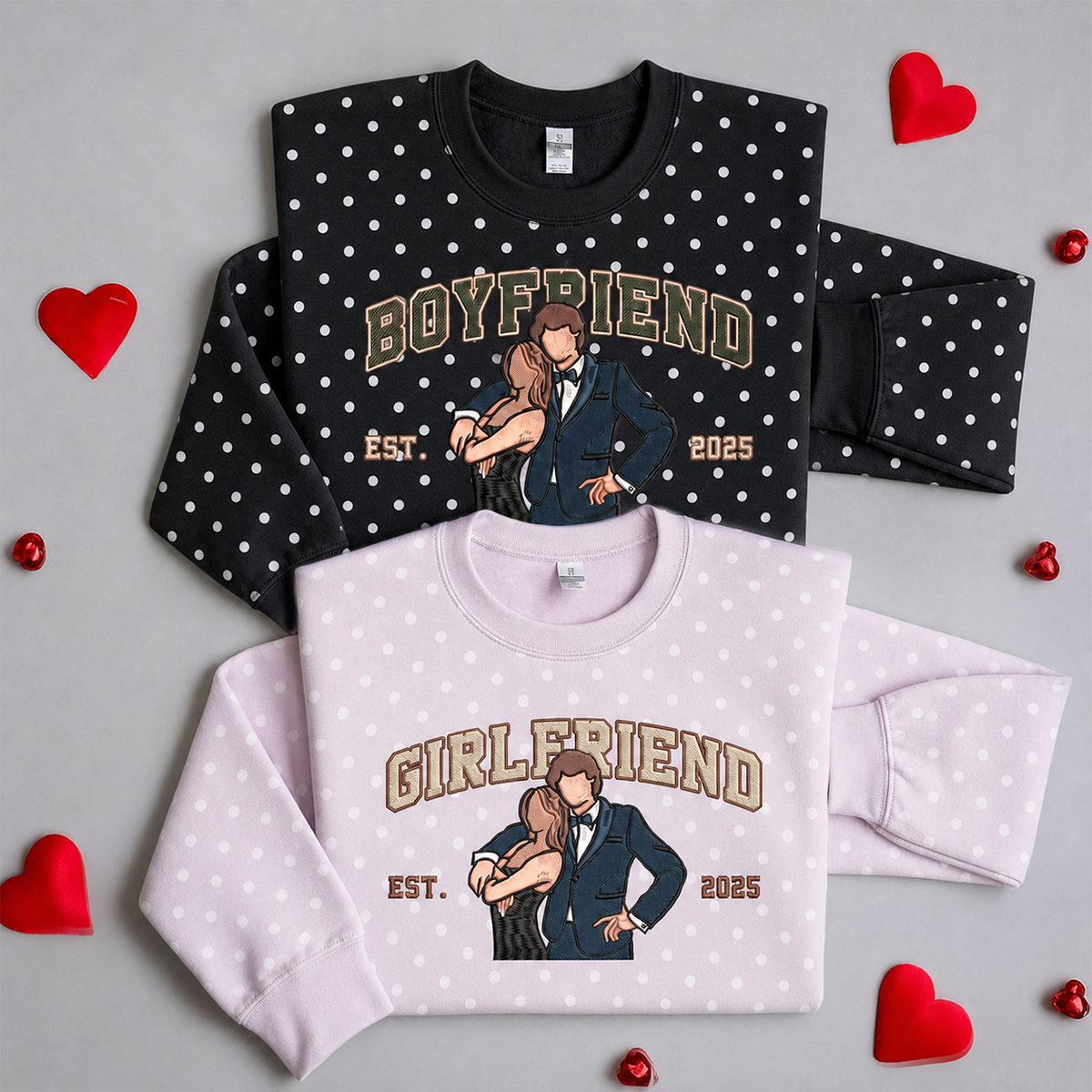 [Copy]Custom Polka Dot Embroidered Portrait Sweatshirt - Personalized Couple Photo Hoodie with Song Lyrics