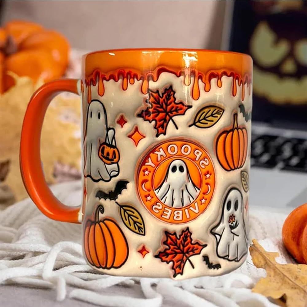 Pumpkin Coffee Cup With Ghost, Halloween Coffee Mug, Halloween Ceramic Coffee Mug, Trick Or Treat Halloween Tumbler Cup