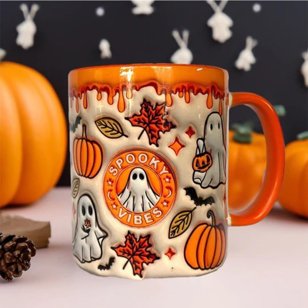 Pumpkin Coffee Cup With Ghost, Halloween Coffee Mug, Halloween Ceramic Coffee Mug, Trick Or Treat Halloween Tumbler Cup