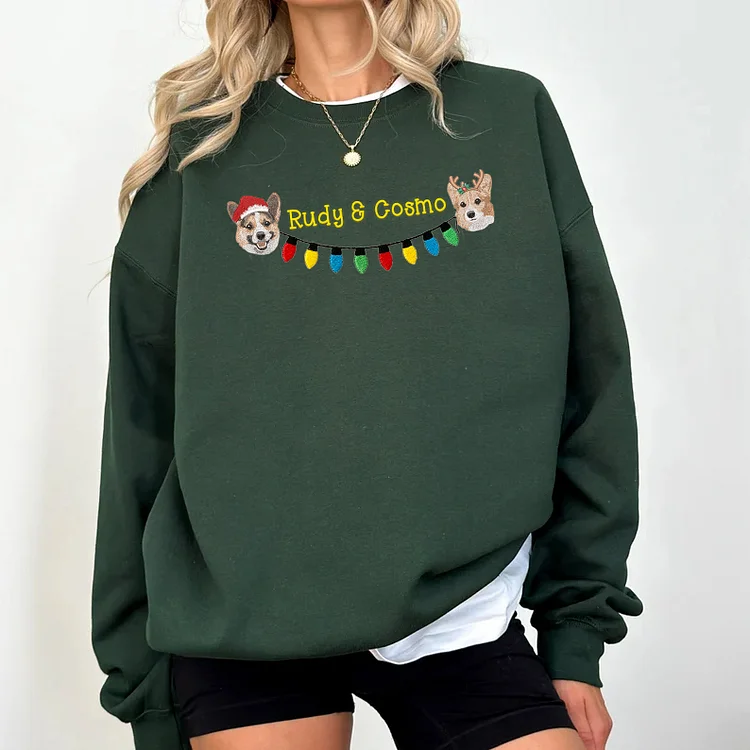 Custom 2 Pets Portrait and Christmas String Lights Embroidered Sweatshirt, Hoodie, T-shirt