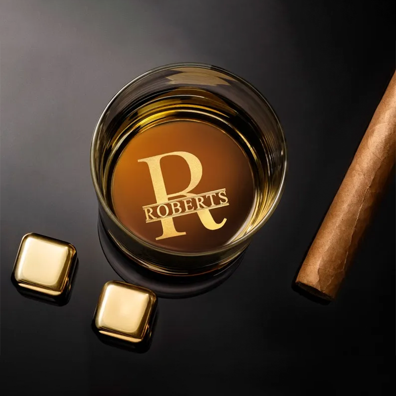 Custom Whiskey Glass with premium quality side and bottom engraving for any special occasion. Comes with free Gift Box