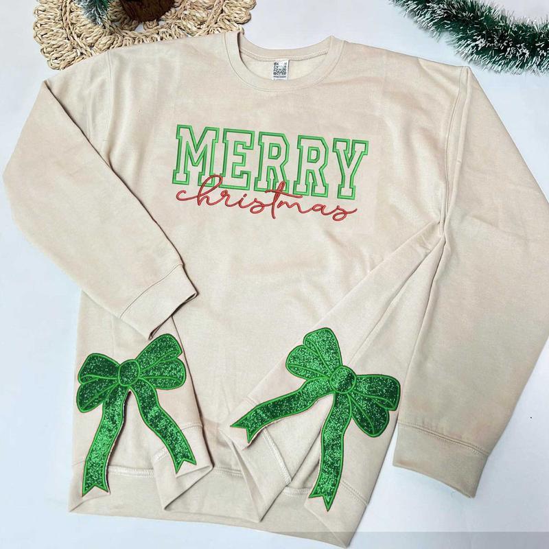 Custom Merry Christmas Side Bow Embroidered Sweatshirt