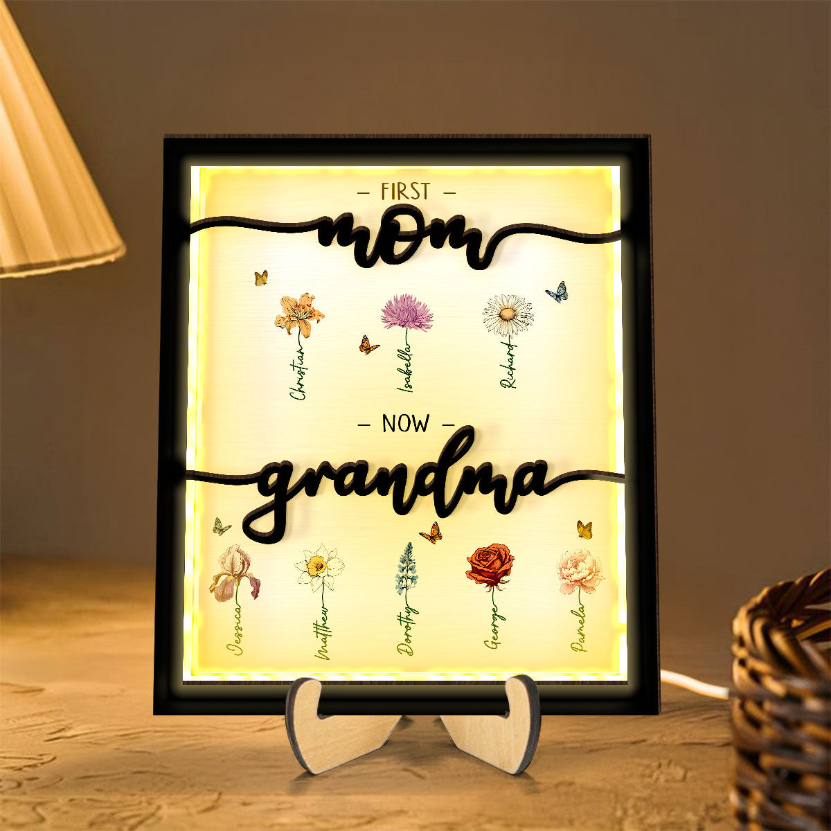 First Mom Now Grandma Birth Month Flowers Personalized 2-Layer Wooden Plaque With LED