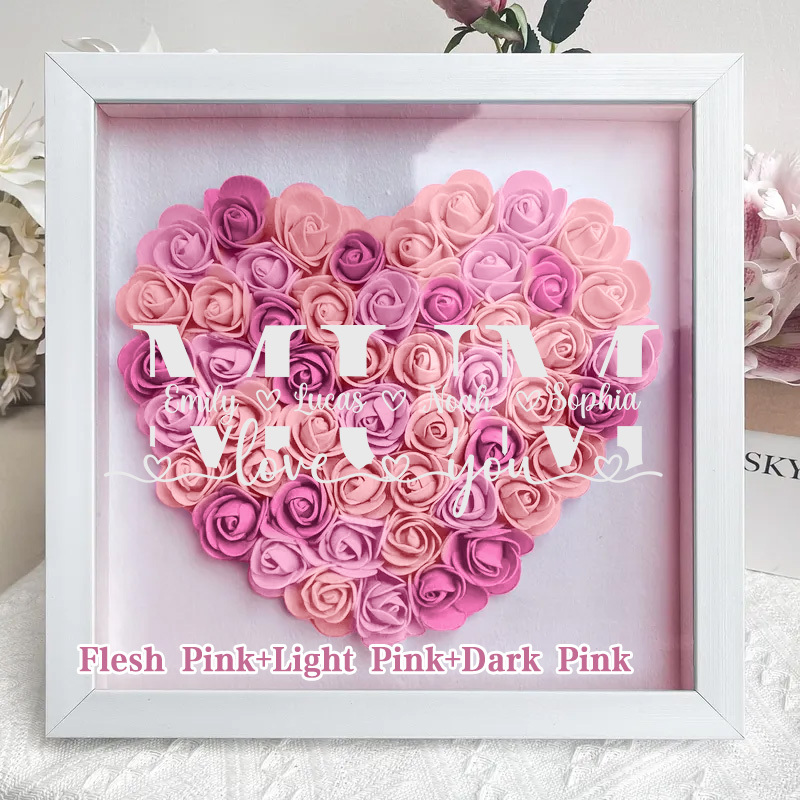 MUM-Love you- Personalized Flower Shadow Box Custom Name & Text Heart Rose Frame Decorations Mother's Day Gift