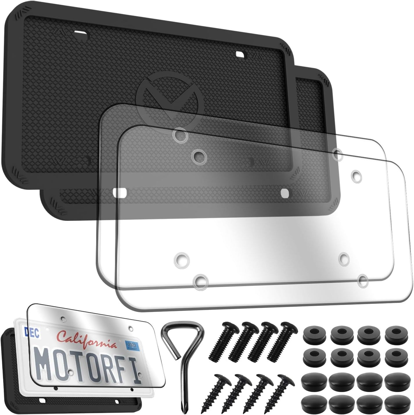 2 Pcs Silicone License Plate Frames & 2 Pcs Polycarbonate Cover for Cars, Premium Quality License Plate Cover with Easy Installation, Rust Proof License Plate Protector with 2 Drainage Holes