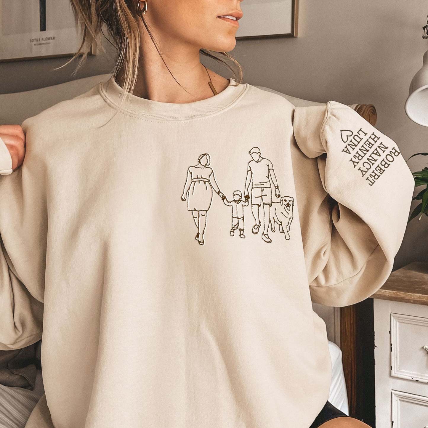 Custom Embroidered Photo Portrait Sweatshirt, Father's Day Gift Ideas,Family Photo Line Art