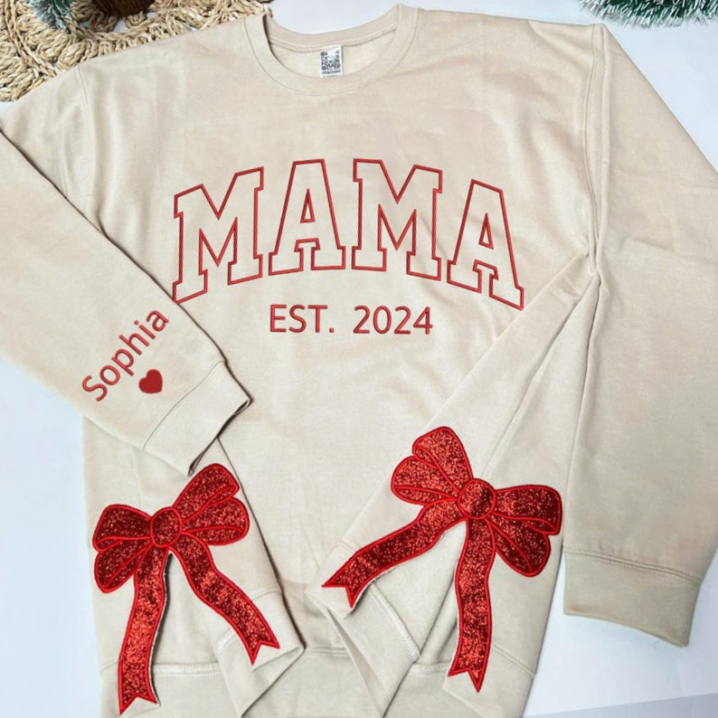 Custom Embroidery Glitter Side Bow Mama Sweatshirt