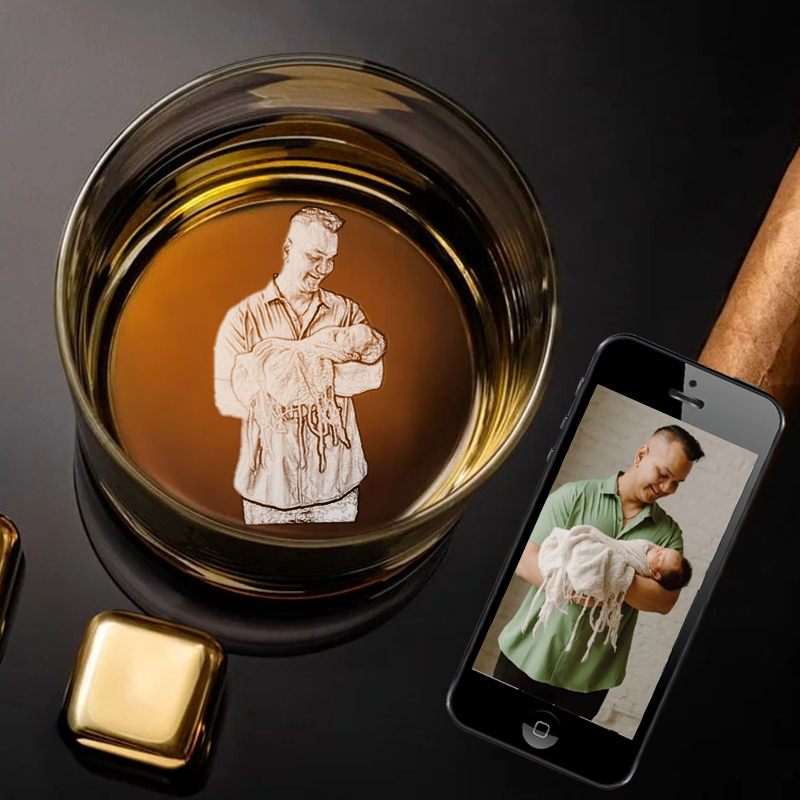 Customize a Father's Day gift for Dad and engrave the bottom of a whiskey glass with your favorite photo