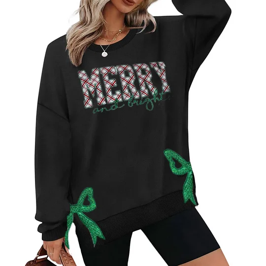 MERRY AND BRIGHT, SIDE BOW APPLIQUE EMBROIDERED SWEATSHIRT 
