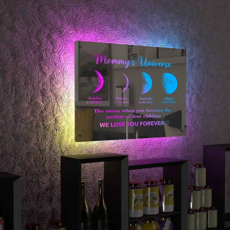 Custom Led Mirror Light Frame with text and date - mommy's moons