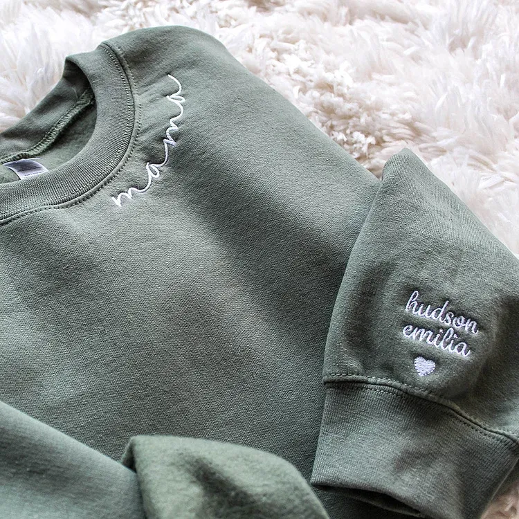 Custom Mama Embroidered Sweatshirt With Kids Names Sleeve