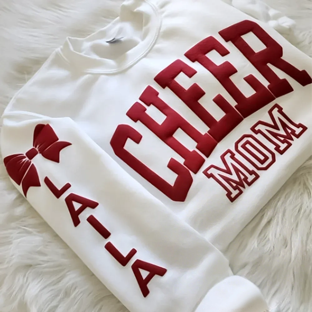 Personalized 3D PUFF Print Cheer Mom sweatshirt with Kids Name on Sleeve