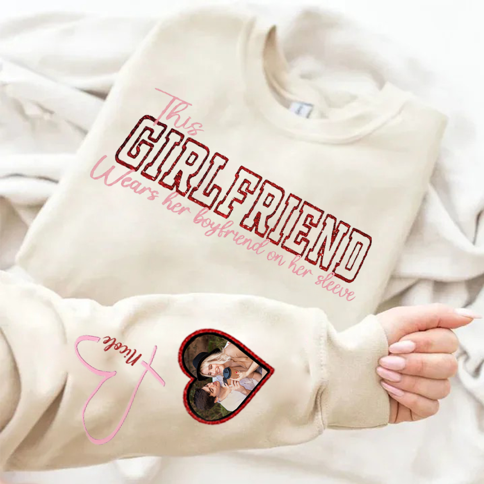 Wear Your Heart on Your Sleeve – Personalized Couple Photo Sweatshirt with Name on Sleeve