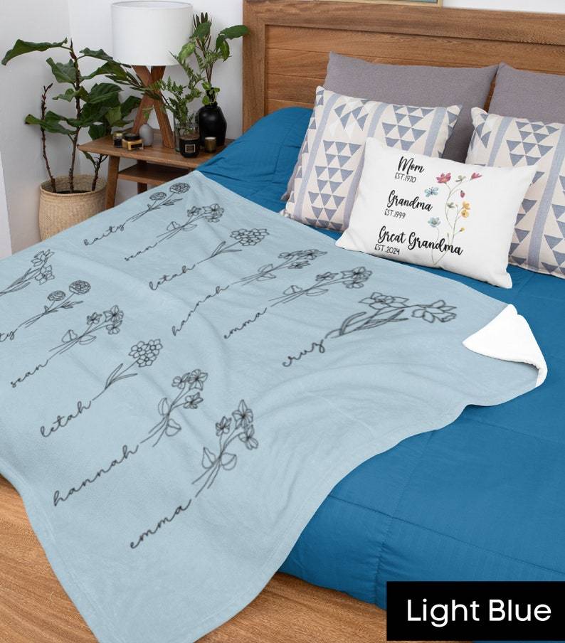 Custom Blanket Birth Month Flower, Wildflower Birthday Gift for Mom, Grandma