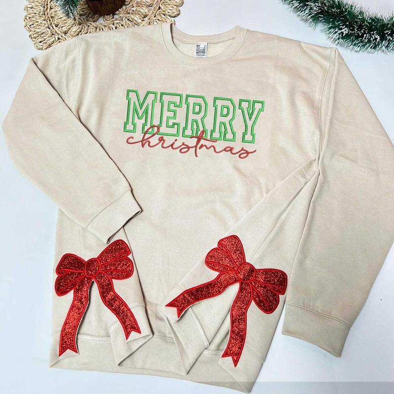 Custom Merry Christmas Side Bow Embroidered Sweatshirt