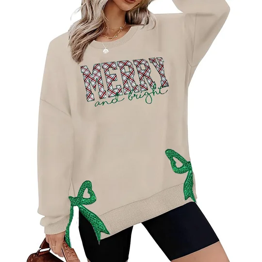 MERRY AND BRIGHT, SIDE BOW APPLIQUE EMBROIDERED SWEATSHIRT 