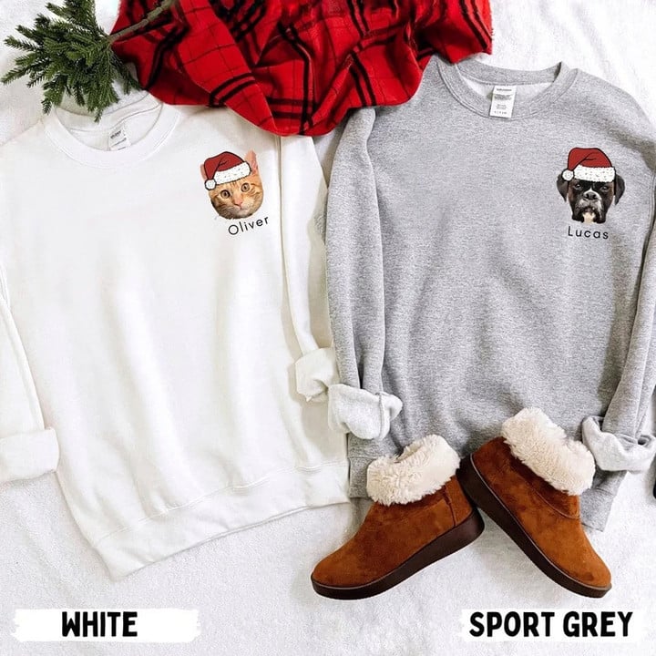 Christmas Custom Pet Face Color Portrait Santa Holiday Crewneck Sweatshirt