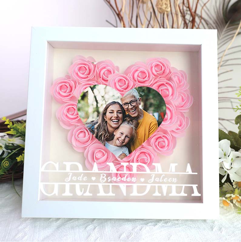 Grandma Heart Photo Flower Pattern Shadow Box Gift