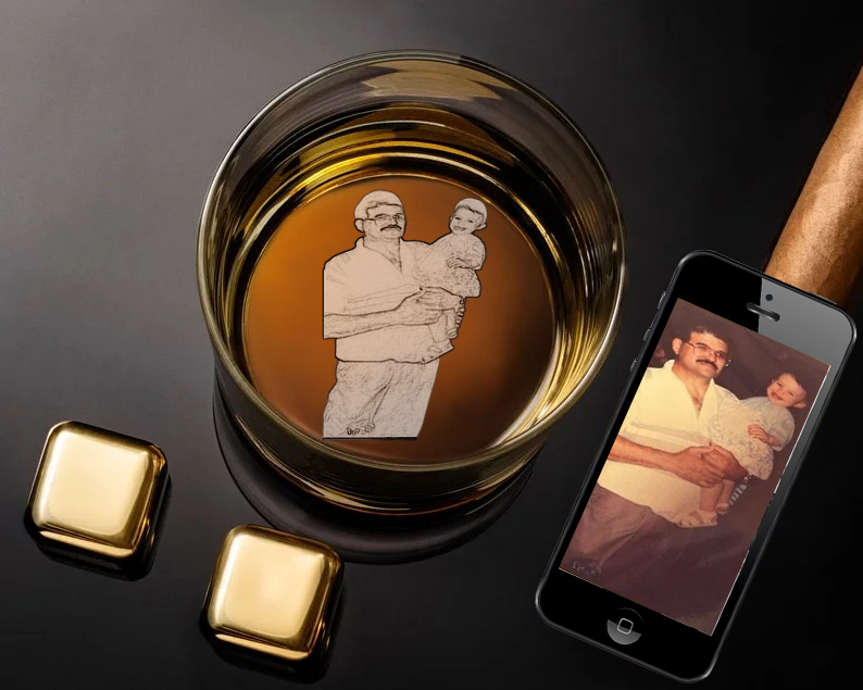 Customize a Father's Day gift for Dad and engrave the bottom of a whiskey glass with your favorite photo