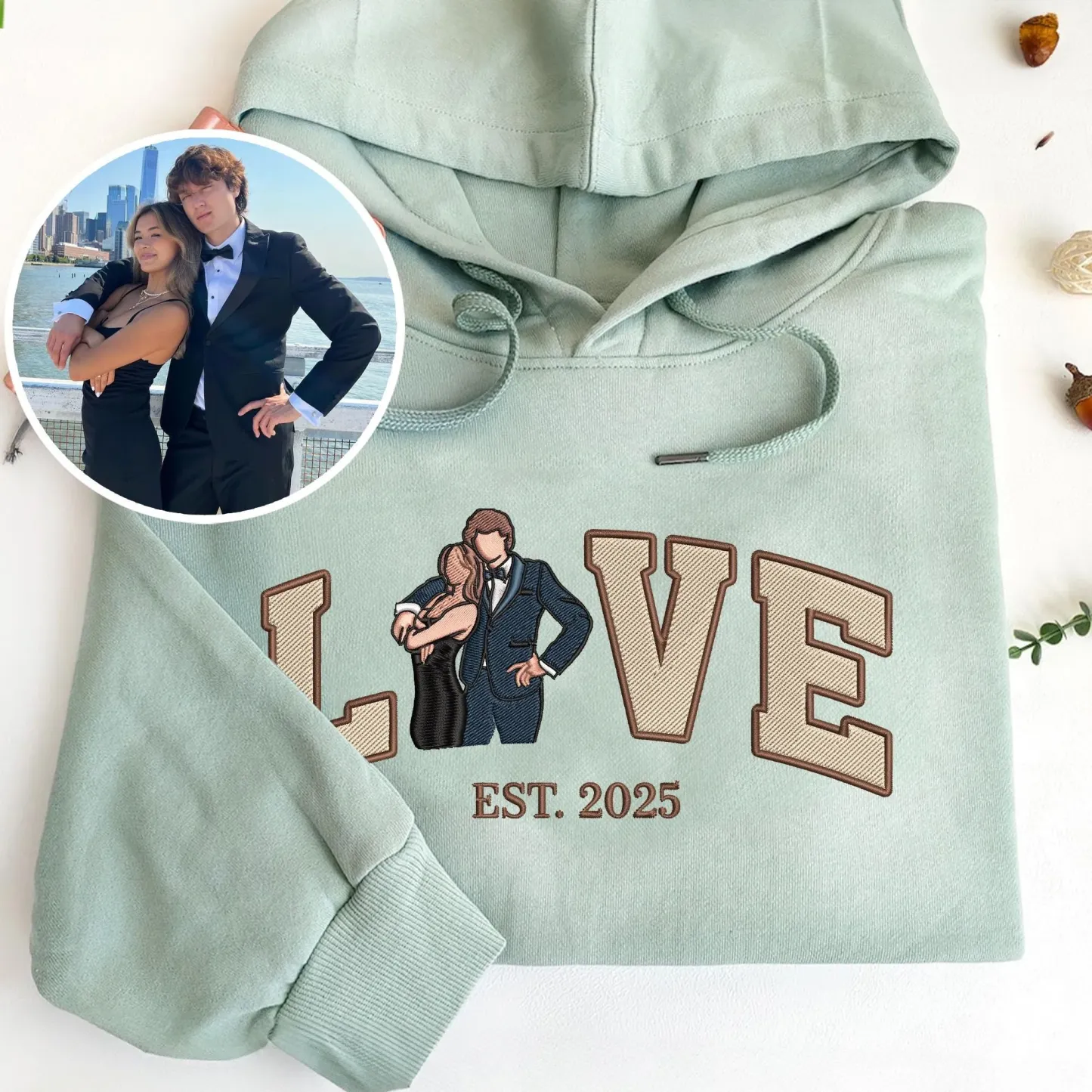 Personalized Embroidered Photo Couple LOVE Est Year Crewneck/Hoodie/T-shirt