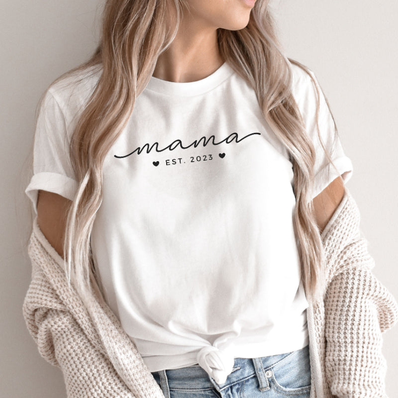 Personalized Mama Est Year Tee with Children Names on Sleeve